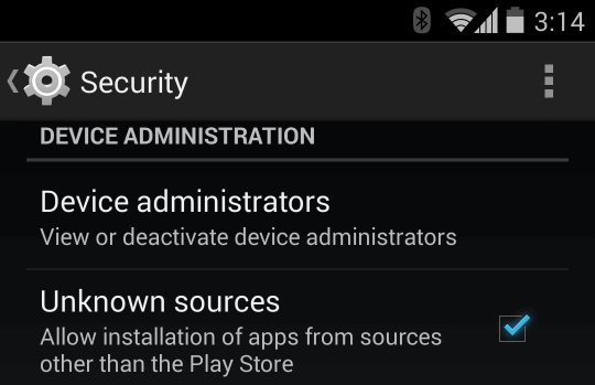 Tangkapan layar dari pengaturan keamanan Android yang membolehkan instalasi app yang bukan dari Play Store