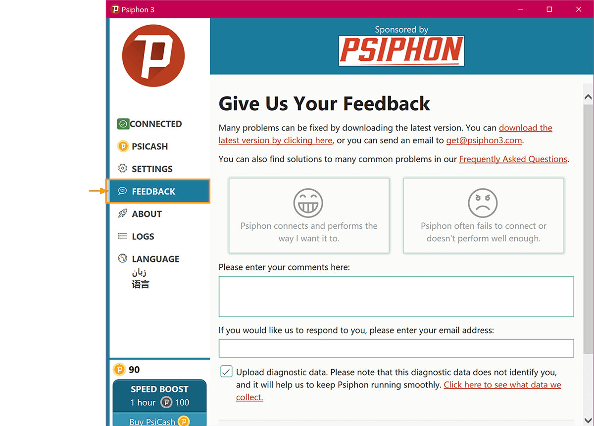 Psiphon Windows geri bildirim sekmesinin ekran görüntüsü